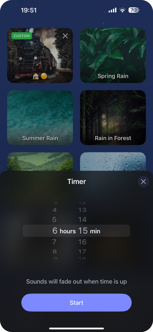 App screenshot: set timer